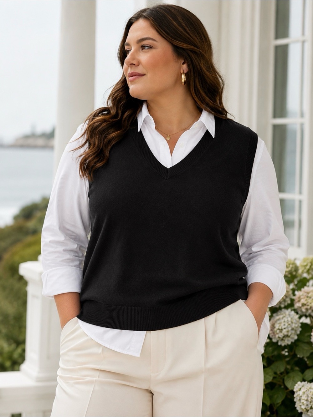 Anne Klein Cotton Cashmere Sweater Vest 2X Black V Neck Plus Size